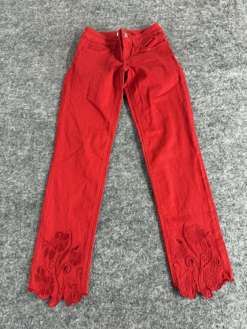 Liu.Jo Milano Jeans Womens 0 Floral Embroidered Red W25 Stretch Pants N237